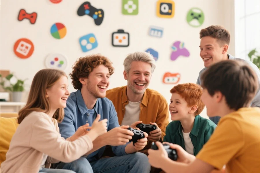 一群不同年龄的游戏玩家在明亮温馨的线上社区中微笑互动，氛围友好和谐，背景有各类游戏图标