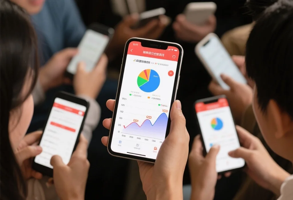 一组用户正在使用APP进行开奖历史数据分析，屏幕上显示着饼图和折线图，氛围专注